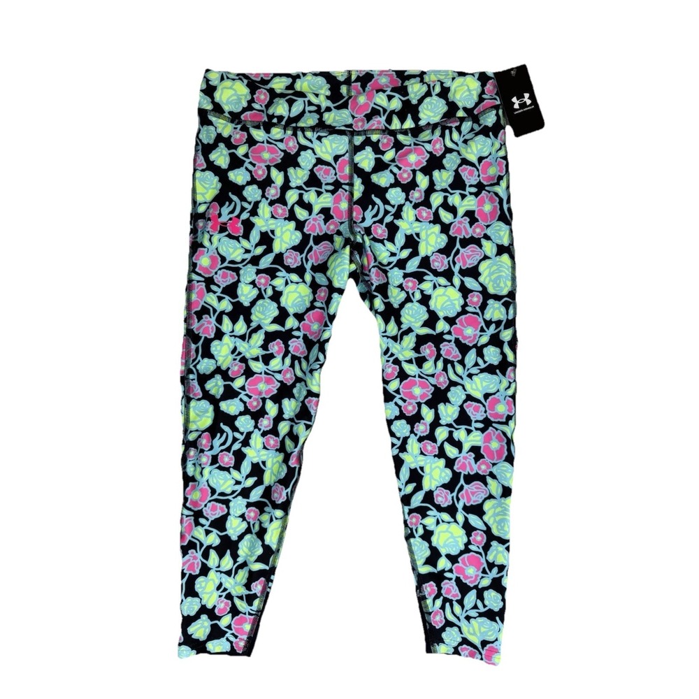 New Under Armour Big Girls Printed Ankle Crop Leggings Floral Green Pink Size XL